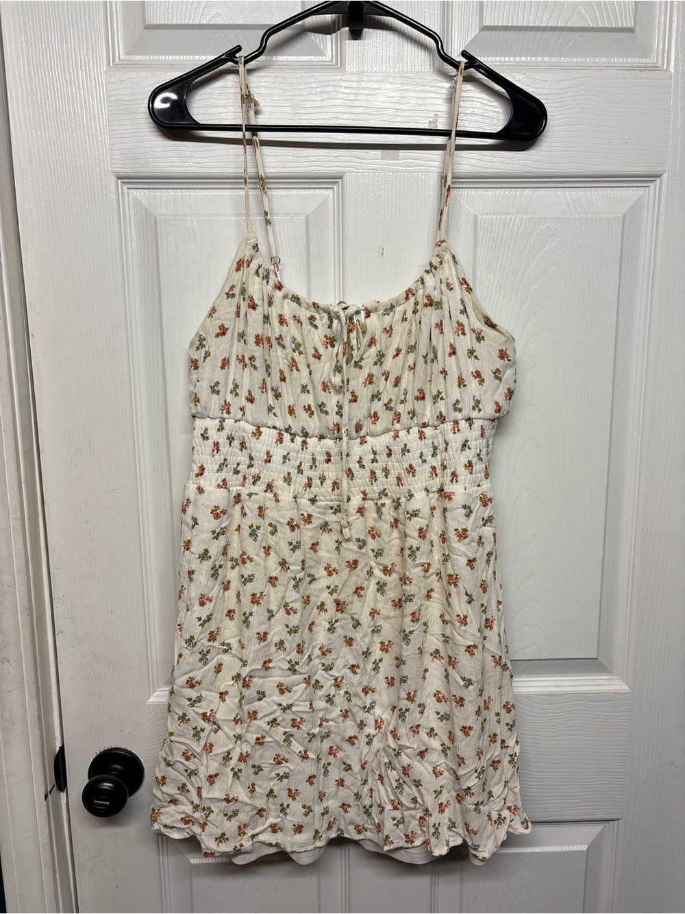 Girls' Cream Floral Spaghetti-Strap Dress with Smocked Waist